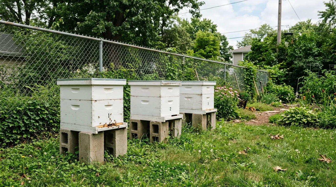 Wooden beehive boxes in a community garden